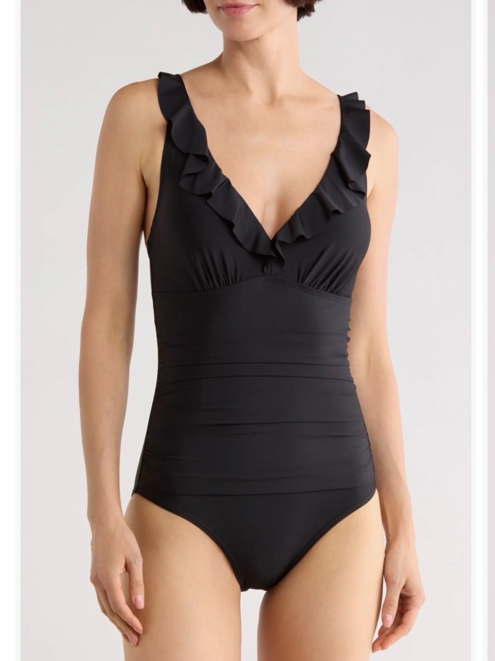DKNY Womens Black Ruffle V-Neck Ruched One Piece Swimsuit Size Small S/P
